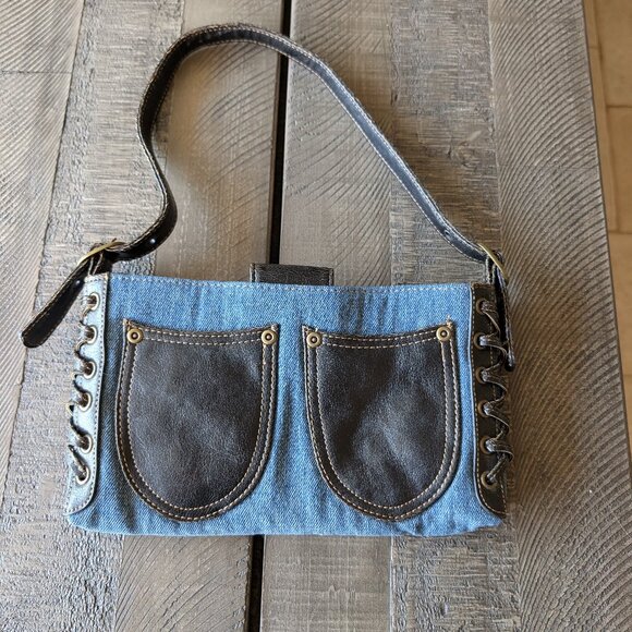 Handbags - Vintage Denim and Leather Y2K Mini Shoulder Bag Purse Pockets Ties